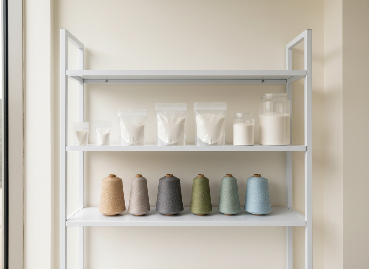 A neatly organized sample shelf in a bright, modern Kanpur-based biotech facility, filled with a small series of transparent containers and pouches of PHAstic PHA powder, each in differing fill levels that suggest 25g, 50g, 100g, and 500g formats without any visible text. On the adjacent shelf rest cylindrical cones of functional coated yarn in coordinated neutral and soft industrial colors. The shelving itself is matte white metal with clean lines, set against a pale wall with subtle architectural details. Soft, even daylight from tall windows creates uniform illumination with delicate, realistic shadows. Photographed straight-on with a moderate depth of field, the image feels orderly, credible, and industrially refined, ideal for illustrating scalable production capabilities and product range.
