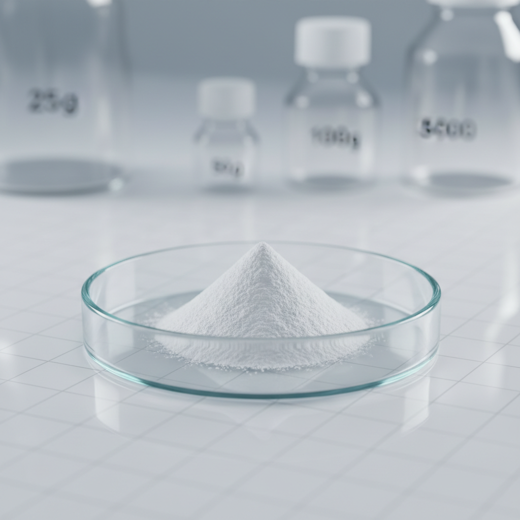 A close-up photographic view of a transparent laboratory petri dish filled with a small mound of ultra-fine PHAstic PHA powder, the granules appearing smooth and uniform like refined flour. The dish rests on a glossy white lab bench marked by subtle measurement grids. In the softly blurred background, faint outlines of labeled containers showing different sample sizes—25g, 50g, 100g, and 500g—are visible without readable text. Cool, diffused overhead lighting creates crisp highlights on the glass edges and soft shadows under the dish. Captured from a slightly elevated macro perspective with shallow depth of field, the mood is precise, scientific, and innovative, presenting the material as a cutting-edge biodegradable input for textile applications.