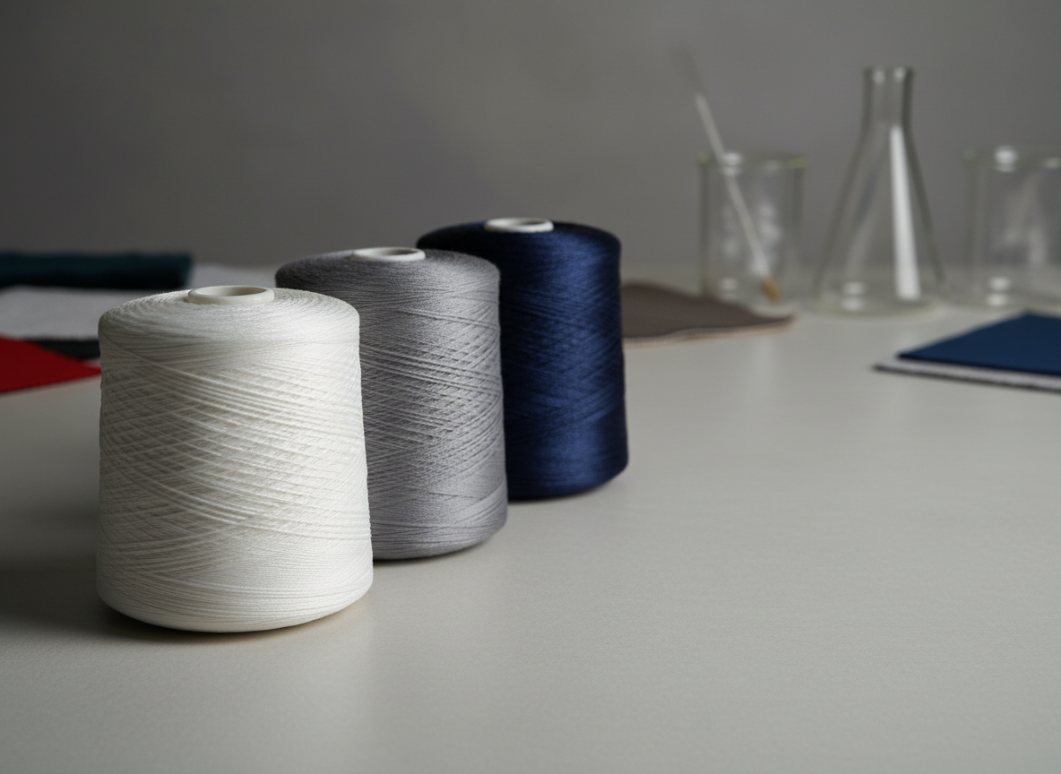 Multiple spools of functional coated yarn are arranged in a staggered line on a matte light-gray surface, showcasing different yarn colors and coating effects—sleek white, soft charcoal, and deep navy with a faint sheen suggesting advanced functional treatments. The yarn surfaces appear smooth yet robust, with individual threads clearly defined in sharp focus. In the background, slightly out of focus, sit subtle hints of textile swatches and lab glassware, suggesting applied research. Soft studio lighting from the left creates gentle specular highlights along the curves of the spools and delicate shadows that emphasize their cylindrical form. Shot from a low, side-on angle using the rule of thirds, the composition conveys technical sophistication, durability, and modern design within a realistic photographic style.