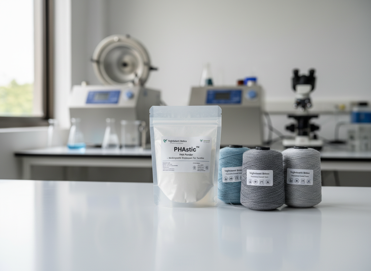 A clean, modern biotechnology lab bench displaying a small collection of Vighnahanti Biotex innovations, including a transparent resealable pouch of fine white PHAstic PHA powder and several spools of functional coated yarn in muted blues and grays. The products are arranged neatly on a smooth white surface with subtle reflections. In the softly blurred background, stainless steel lab equipment and glassware hint at advanced research. Diffused daylight from a high window illuminates the scene, creating gentle highlights on the packaging and yarn textures. Shot at eye level with a slight three-quarter angle and shallow depth of field, the composition feels professional, precise, and trustworthy, emphasizing photographic realism and a clean, corporate aesthetic suitable for a biotech textiles homepage hero image.
