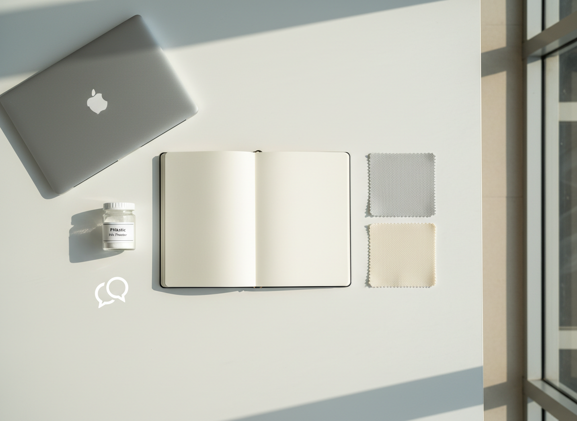 An aerial photographic view of a minimalist white worktable in a Kanpur, India research office, featuring neatly arranged biotech textile development materials. At the center lies an open lab notebook with blank pages, flanked by a small, labeled sample jar of PHAstic PHA powder and two compact swatches of fabric woven from functional coated yarns, one in a technical mesh and one in a dense knit. A sleek laptop and a simple, abstract icon suggesting digital communication sit at the edge of the frame, visually hinting at an available contact channel without text. Soft late-morning daylight from a nearby window casts clean, gentle shadows and a calm, focused mood. The top-down composition is balanced and uncluttered, reflecting professional organization and innovation.