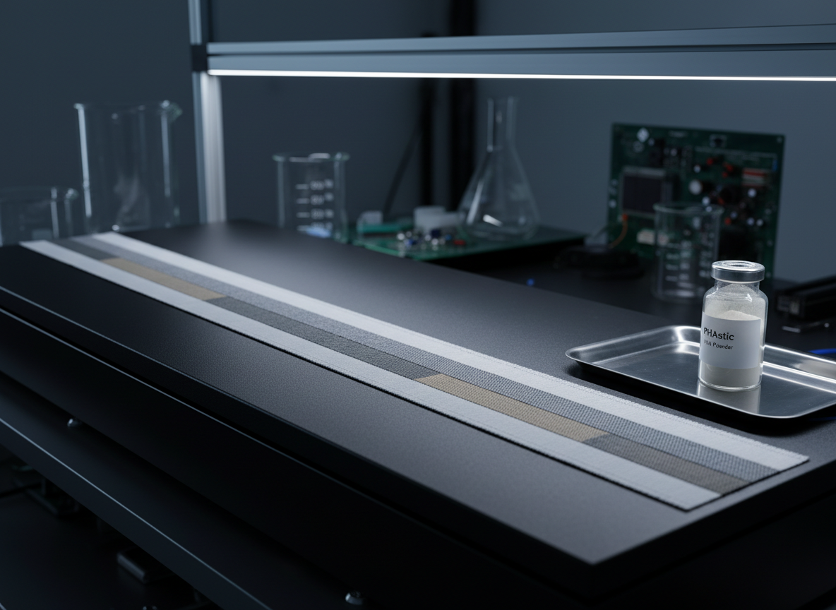 A sophisticated product development scene in a textile testing lab, featuring a long, narrow strip of fabric woven from functional coated yarns stretched across a matte black testing platform. The fabric’s surface shows subtle functional zones—slightly shinier hydrophobic segments and more matte breathable areas—under magnified inspection. Beside it, a small glass vial of PHAstic PHA powder is positioned on a sleek metal tray, linking polymer innovation to textile performance. Cool white directional lighting from above highlights microscopic textures and casts crisp, controlled shadows, enhancing the sense of precision. Captured from a slightly elevated three-quarter angle with sharp focus throughout, the atmosphere is technical, exacting, and research-driven, with a photographic realism that underscores advanced biotech textile engineering.